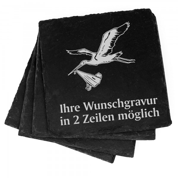 4x Storch mit Baby Deko Schiefer Untersetzer Wunschgravur Set - 11 x 11 cm