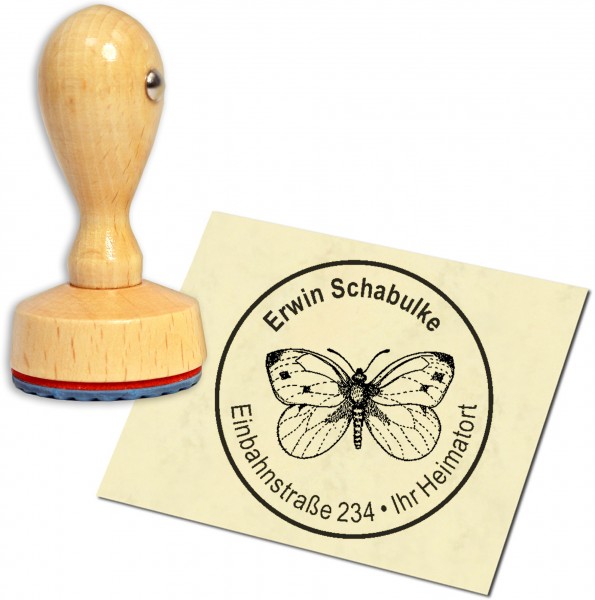 Stempel Adressstempel Holzstempel - Schmetterling - rund 40mm