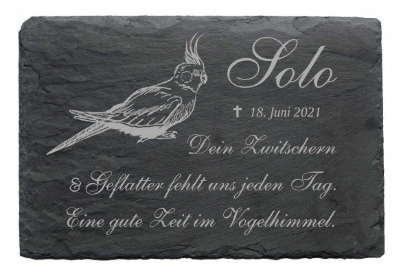 Nymphensittich Tiergrabstein Schiefer Gedenktafel Vogel mit Gravur - personalisiert 22 x 16 cm