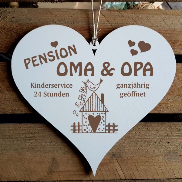 Shabby Herz Schild « PENSION OMA & OPA » mit Motiv Vogelhäuschen