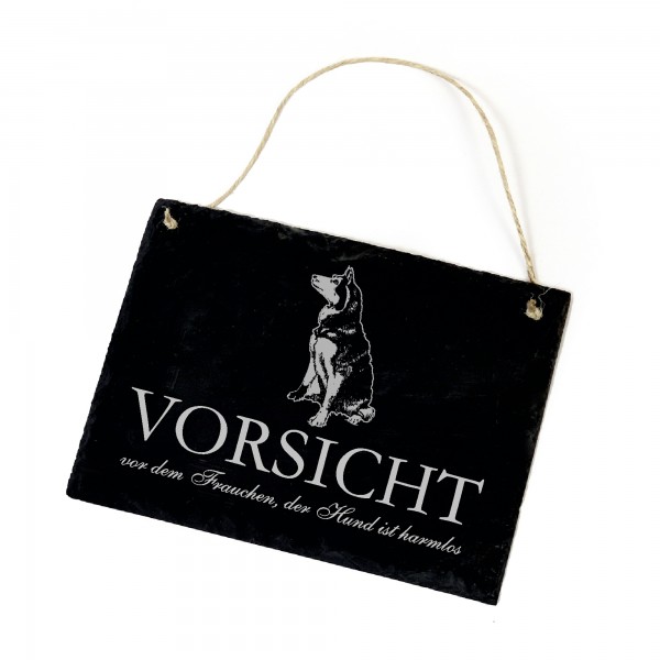Hundeschild Husky Schild aus Schiefer - Vorsicht vor dem Frauchen - 22cm x 16cm