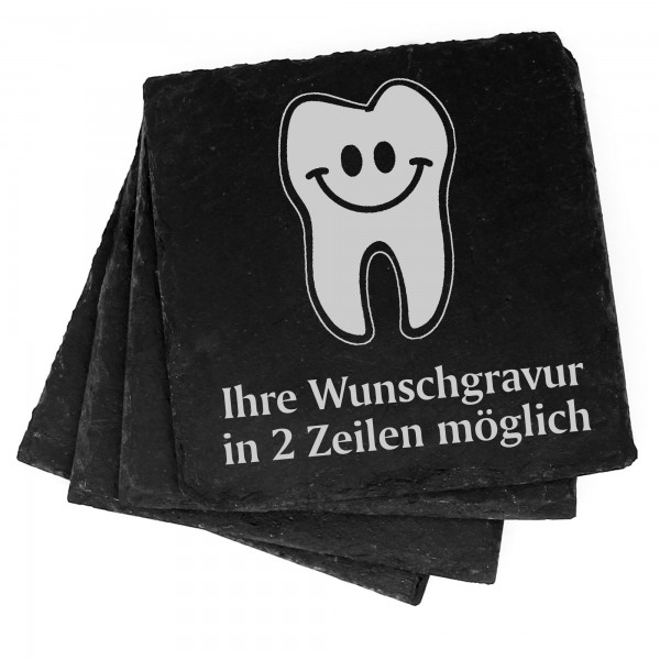 4x lachender Zahn Deko Schiefer Untersetzer Wunschgravur Set - 11 x 11 cm