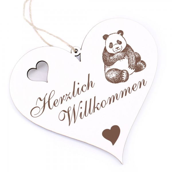 Herzlich Willkommen Schild - Panda Bär - Deko Herz Holz Türschild 13 x 12 cm