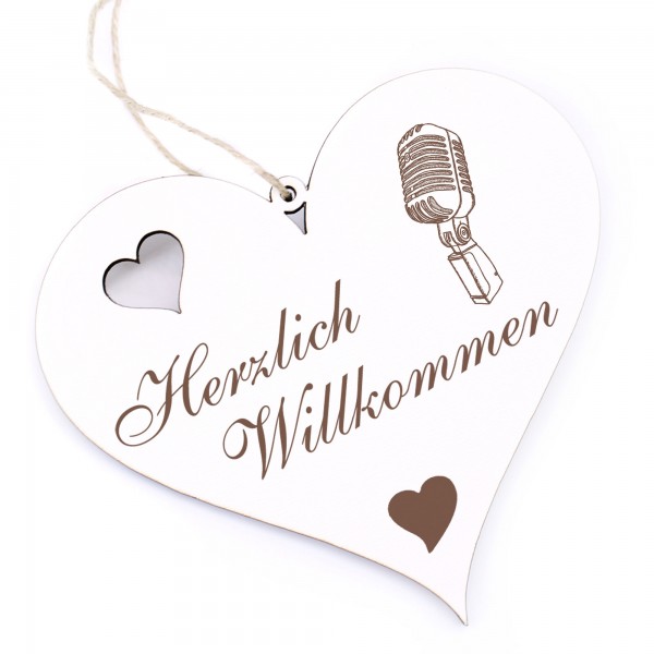 Herzlich Willkommen Schild - Mikrofon - Deko Herz Holz