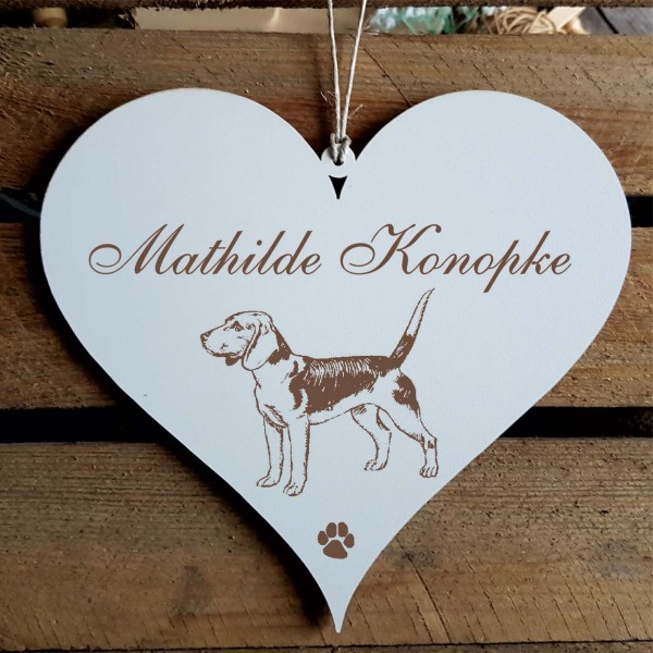 Herz Schild « Beagle » mit Namen - Türschild zum Anhängen
