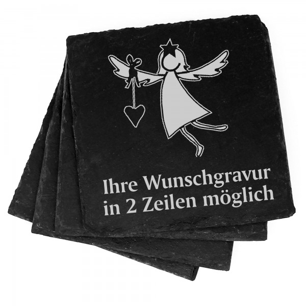 4x Engel Schutzengel mit Herz Deko Schiefer Untersetzer Wunschgravur Set - 11 x 11 cm
