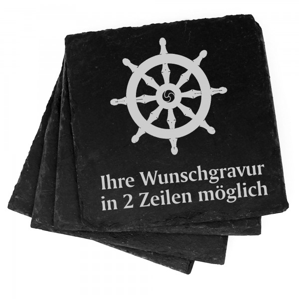 4x Buddhismusrad Deko Schiefer Untersetzer Wunschgravur Set - 11 x 11 cm