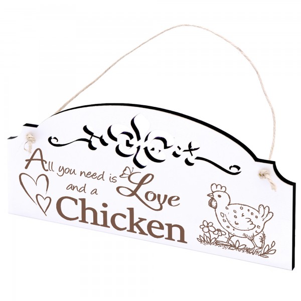 Schild Huhn auf einer Wiese Deko 20x10cm - All you need is Love and a Chicken - Holz