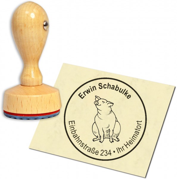Stempel Adressstempel Holzstempel - sitzendes Schwein - rund 40mm