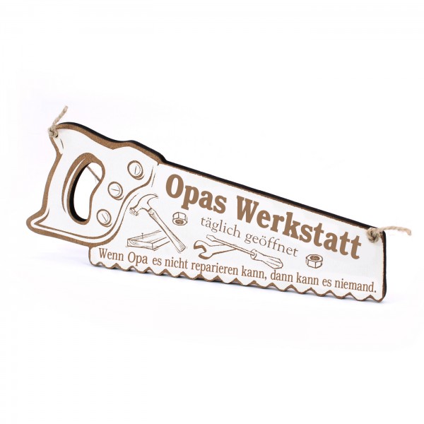 Schild Säge Opas Werkstatt - täglich geöffnet - Türschild Vintage Dekoschild - 24 x 10 cm