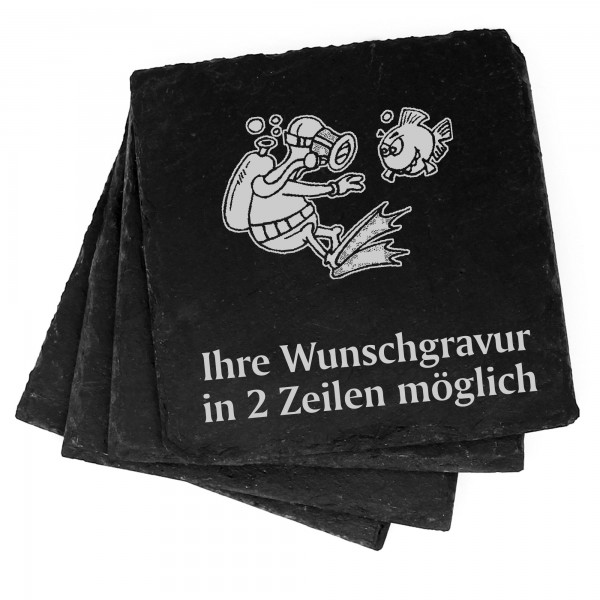 4x Taucher mit Fisch Deko Schiefer Untersetzer Wunschgravur Set - 11 x 11 cm