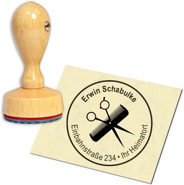 Stempel Adressstempel Holzstempel - Friseur Schere und Kamm - rund 40mm