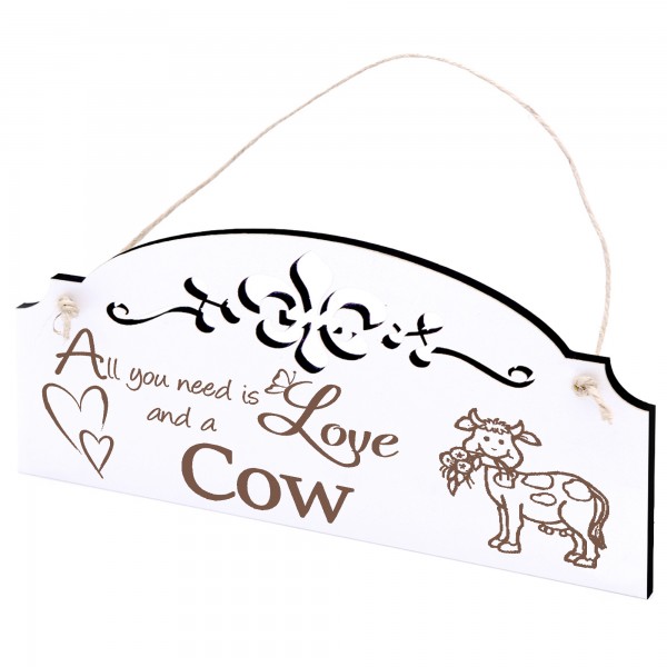 Schild niedliche Kuh mit Blume Deko 20x10cm - All you need is Love and a Cow - Holz