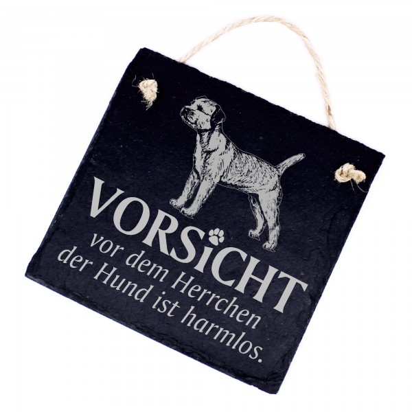 Hundeschild Border Terrier Schild aus Schiefer - Vorsicht vor dem Herrchen - 11cm x 11cm