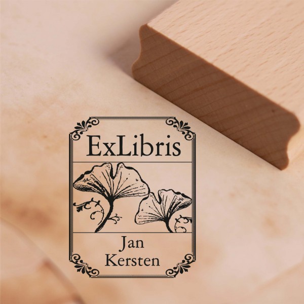 Ex Libris Stempel Ginkgo mit Name - Vintage Rahmen - Exlibris Motivstempel 38 x 48 mm