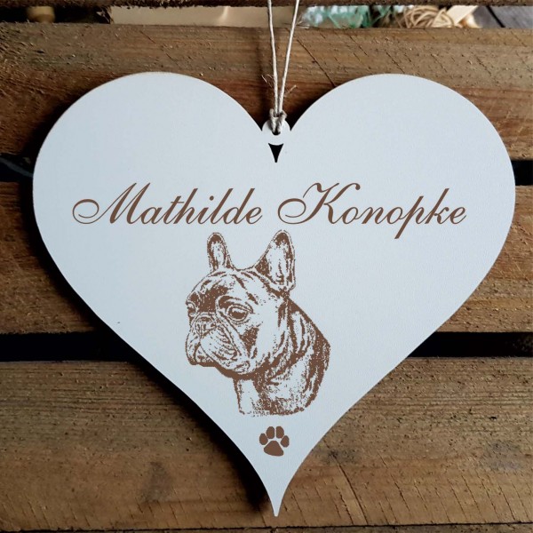 Herz Schild « Französische Bulldogge » mit Namen - Türschild zum Anhängen