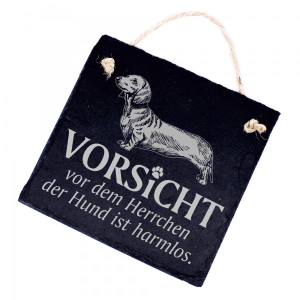 Hundeschild Dackel Dachshund Schild aus Schiefer - Vorsicht vor dem Herrchen - 11cm x 11cm