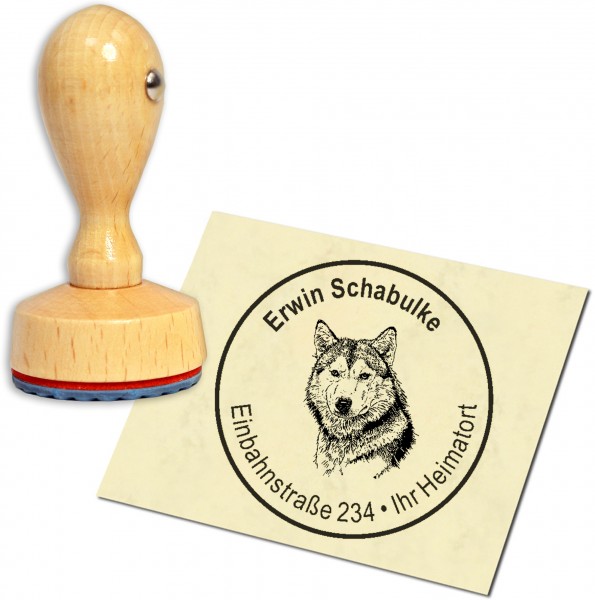 Stempel Adressstempel Holzstempel - Wolf Kopf - rund 40mm