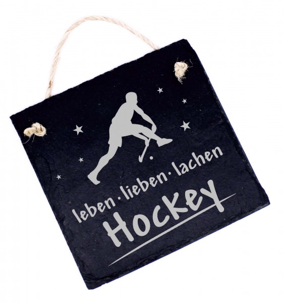 Hockey Schild Schiefer Türschild Gravur - Leben Lieben Lachen - Dekoschild Rasenhockey 11 x 11 cm