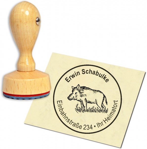 Stempel Adressstempel Holzstempel - gezeichneter Keiler Wildschein - rund 40mm