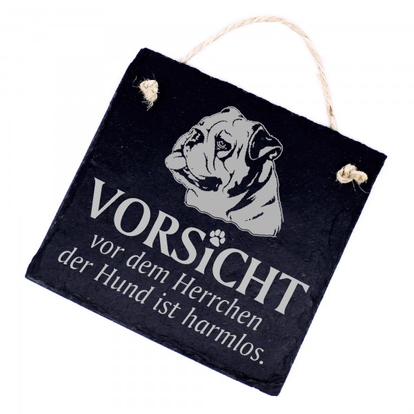 Hundeschild englische Bulldogge Schild aus Schiefer - Vorsicht vor dem Herrchen - 11cm x 11cm