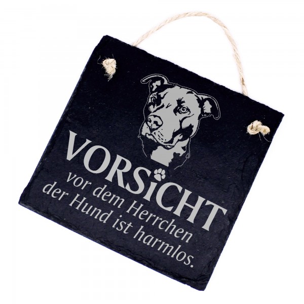 Hundeschild Pitbull Schild aus Schiefer - Vorsicht vor dem Herrchen - 11cm x 11cm