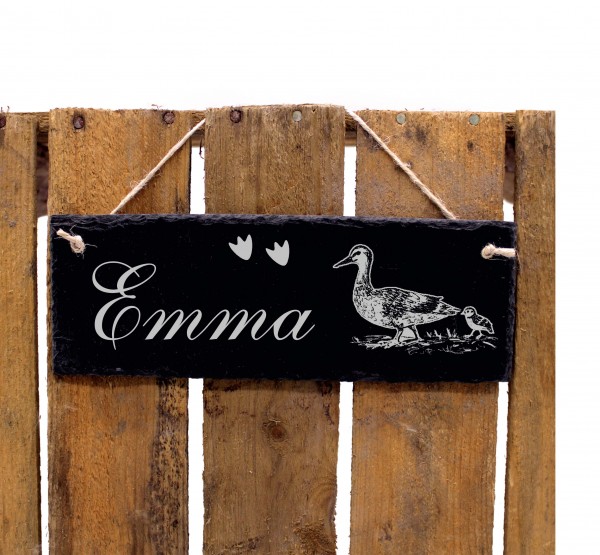 Schiefertafel Stallschild Ente - Türschild mit Namen - zum Anhängen 22 x 8 cm