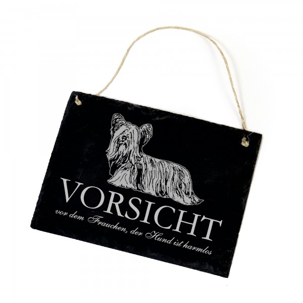 Hundeschild Skye Terrier Schild aus Schiefer - Vorsicht vor dem Frauchen - 22cm x 16cm
