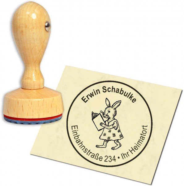 Stempel Adressstempel Holzstempel - Hase mit Buch - rund 40mm