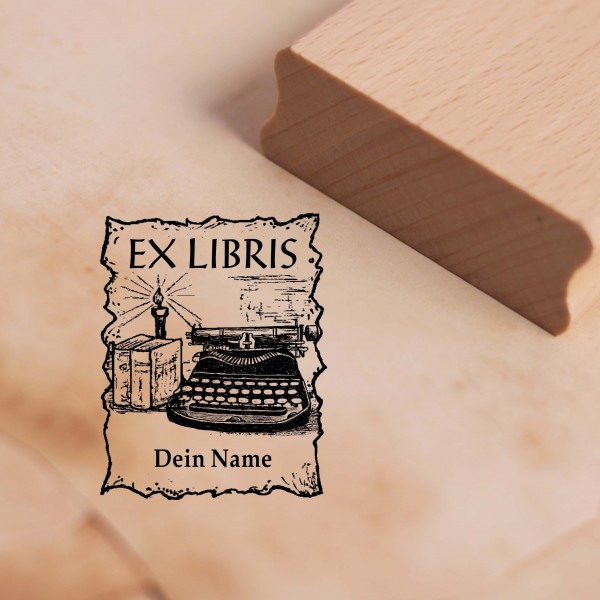 Ex Libris Stempel mit Name - Schreibmaschine und Bücher - Exlibris Motivstempel 38 x 48 mm