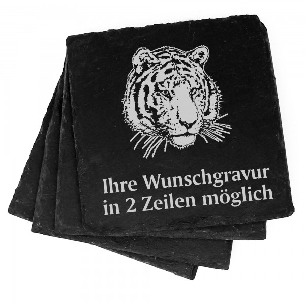 4x Tiger Kopf Deko Schiefer Untersetzer Wunschgravur Set - 11 x 11 cm