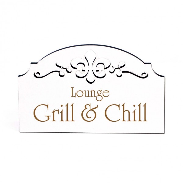Grill & Chill Lounge Schild Holz graviert Ornamente selbstklebend Grillplatz Dekoschild 15,5 x 9,5