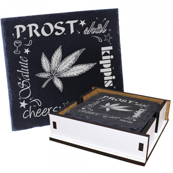5 x Schiefer Untersetzer - Prost Cannabis - inkl. Holzbox & Flaschenuntersetzer