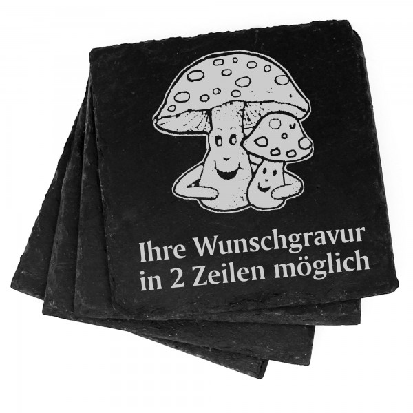 4x Pilz mit Gesicht Deko Schiefer Untersetzer Wunschgravur Set - 11 x 11 cm