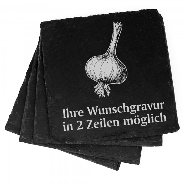 4x Knoblauch Deko Schiefer Untersetzer Wunschgravur Set - 11 x 11 cm