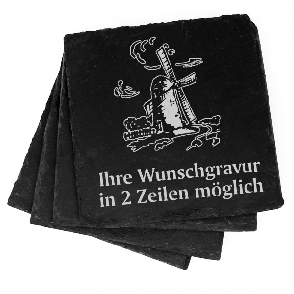 4x Windmühle Deko Schiefer Untersetzer Wunschgravur Set - 11 x 11 cm
