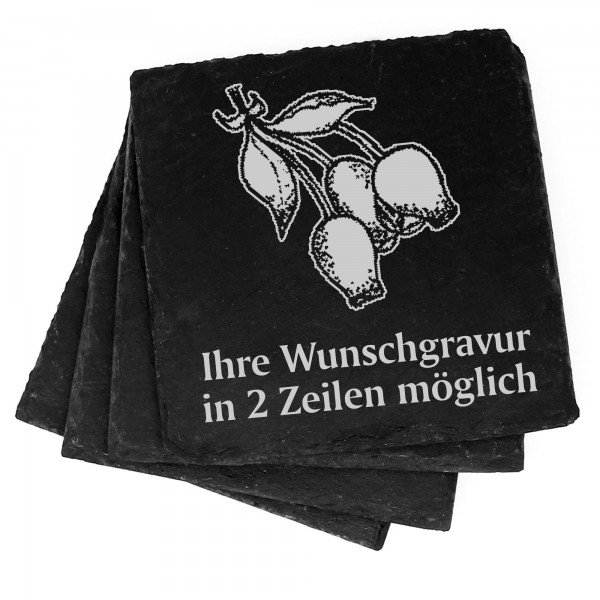 4x Hagebutte Deko Schiefer Untersetzer Wunschgravur Set - 11 x 11 cm