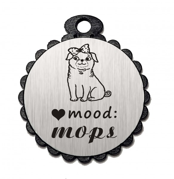 Runder Anhänger « MOOD: MOPS » mit Motiv Herz Hund - Aluminium Look - silber