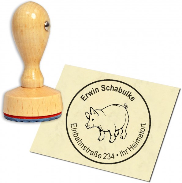 Stempel Adressstempel Holzstempel - niedliches Schwein - rund 40mm