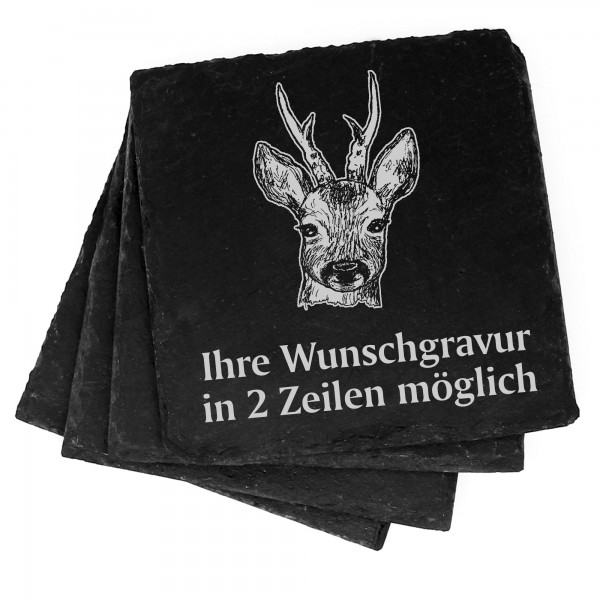 4x Reh Kopf Deko Schiefer Untersetzer Wunschgravur Set - 11 x 11 cm
