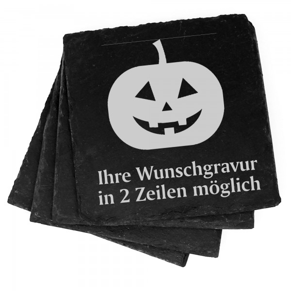 4x Halloween Kürbiskopf Deko Schiefer Untersetzer Wunschgravur Set - 11 x 11 cm