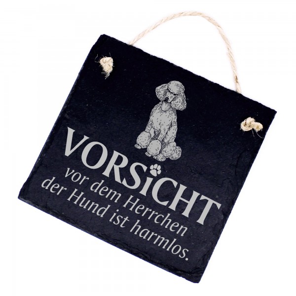Hundeschild Pudel Schild aus Schiefer - Vorsicht vor dem Herrchen - 11cm x 11cm