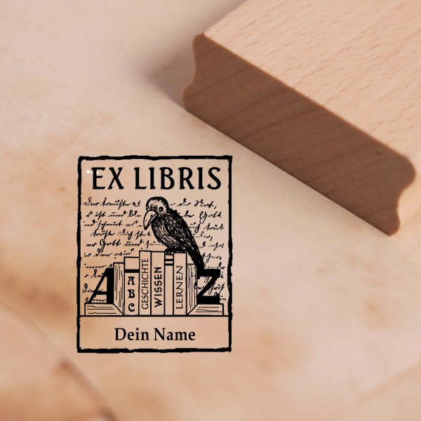 Ex Libris Stempel mit Name - Rabe und Bücher Exlibris Motivstempel 38 x 48 mm