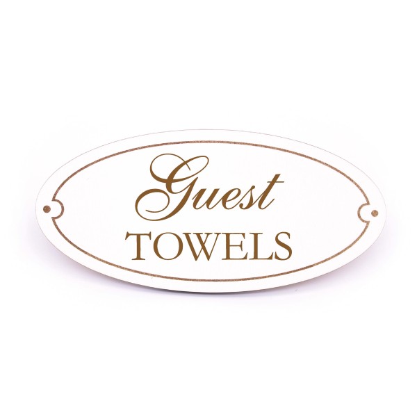 Guest Towels Schild Holz weiß graviert oval selbstklebend Türschild englisch Gästehandtücher 15 x 7