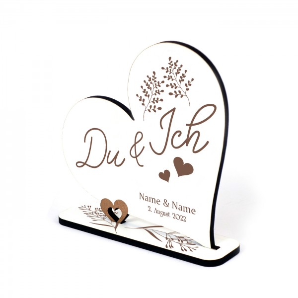 Dekoaufsteller Herz Du & Ich - Schild für Hochzeit mit Namen und Datum