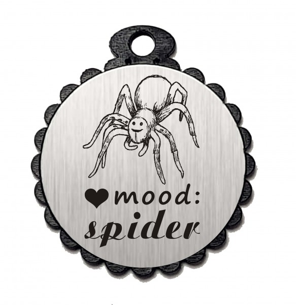 Runder Anhänger « MOOD: SPIDER » mit Motiv Herz SPINNE - Aluminium Look - silber
