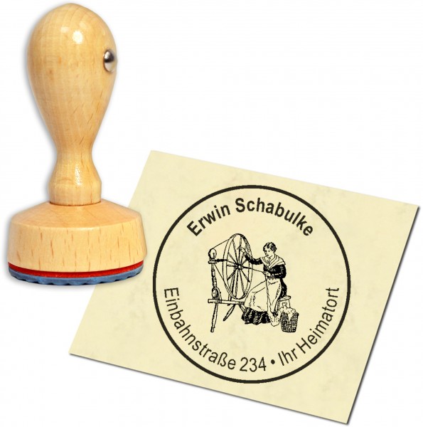 Stempel Adressstempel Holzstempel - Schneiderin am Spinnrad - rund 40mm