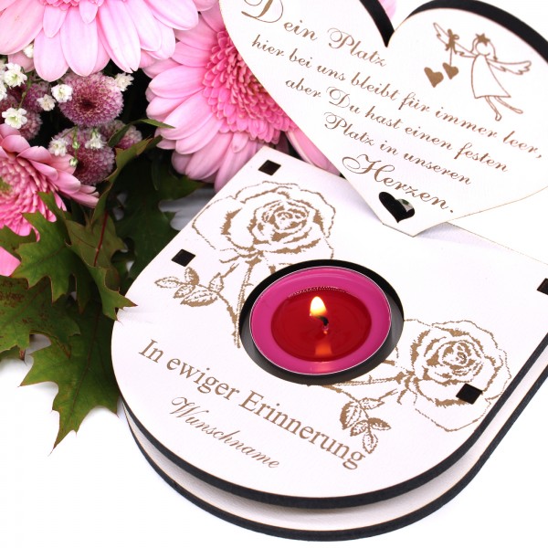 Trauer Teelichthalter Herz mit Trauerspruch und persönlichem Wunschnamen - mit Rosen Engel Motiv