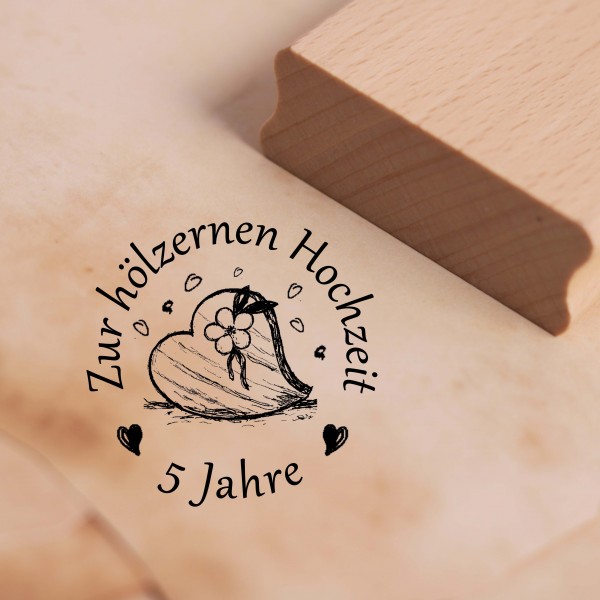 Motivstempel Zur hölzernen Hochzeit - 5 Jahre Jubiläum Stempel Holzherz 48 x 48 mm