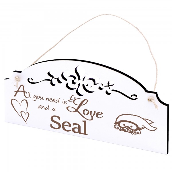 Schild Robbe mit Taucherbrille Deko 20x10cm - All you need is Love and a Seal - Holz